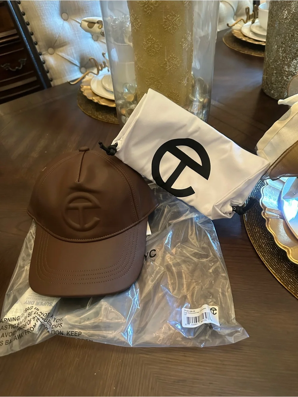 Brand New Unisex Telfar Chocolate Brown Embossed Logo Leather Cap